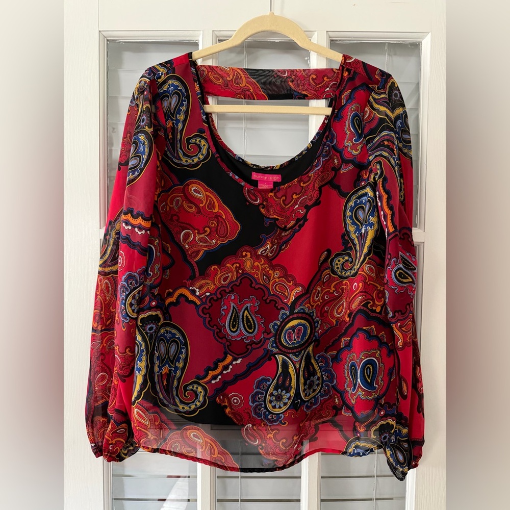 Sunny Leigh Women’s L Red Boho Paisley Open Sleeve Floral Blouse | SKU 0007